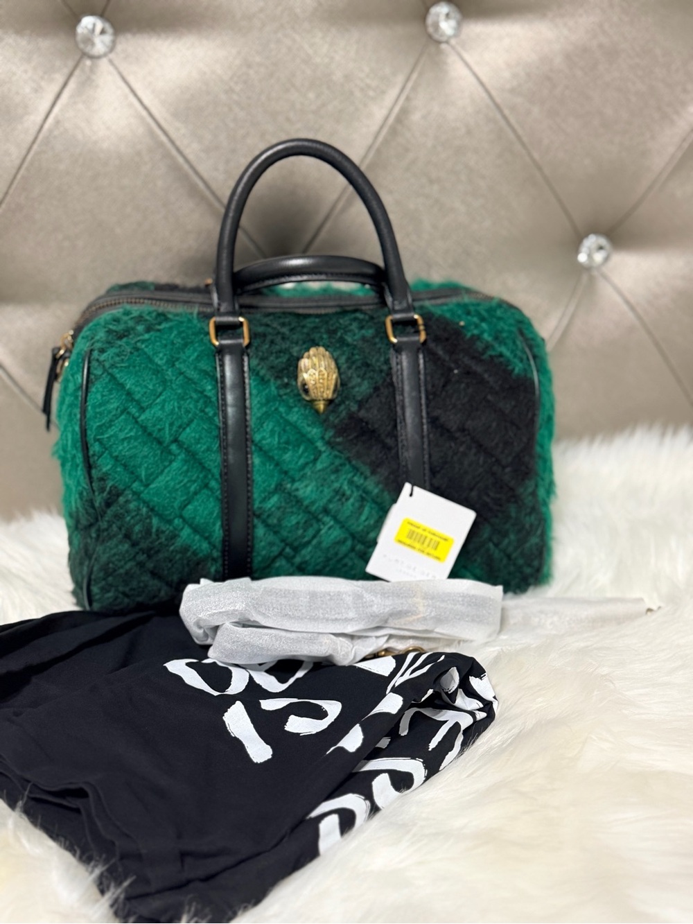 Kurt Geiger Green Quilted Faux-Fur Satchel with Black Straps - Picture 2 of 4